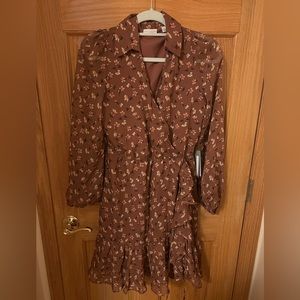 New with tags Eva Mendez New York & Company brown floral wrap ruffle mini dress